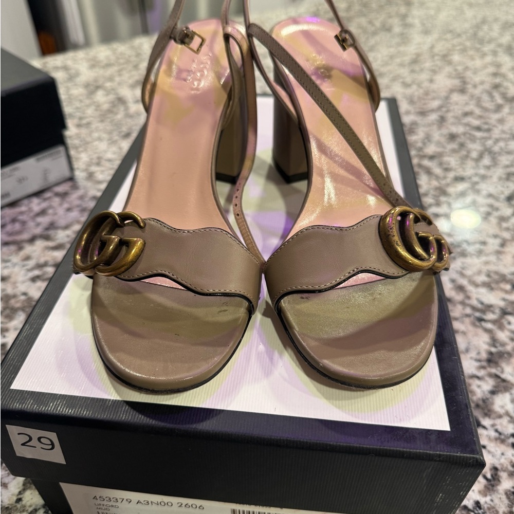Gucci Tan Heels with Gold Logo
